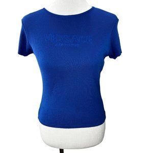 Versace Jeans Couture Ribbed Knit Top Shirt S US 4 Spellout Logo Embroidered